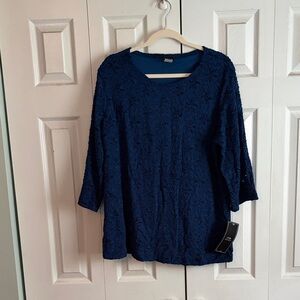 NWT Women's Stretchy Lace Navy Textured 3/4 Sleeve Top